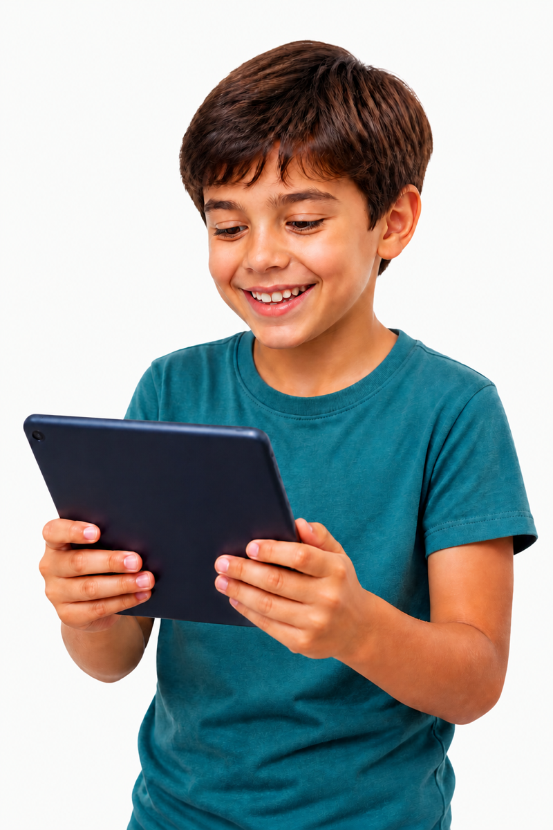 Criança sorrindo enquanto usa um tablet